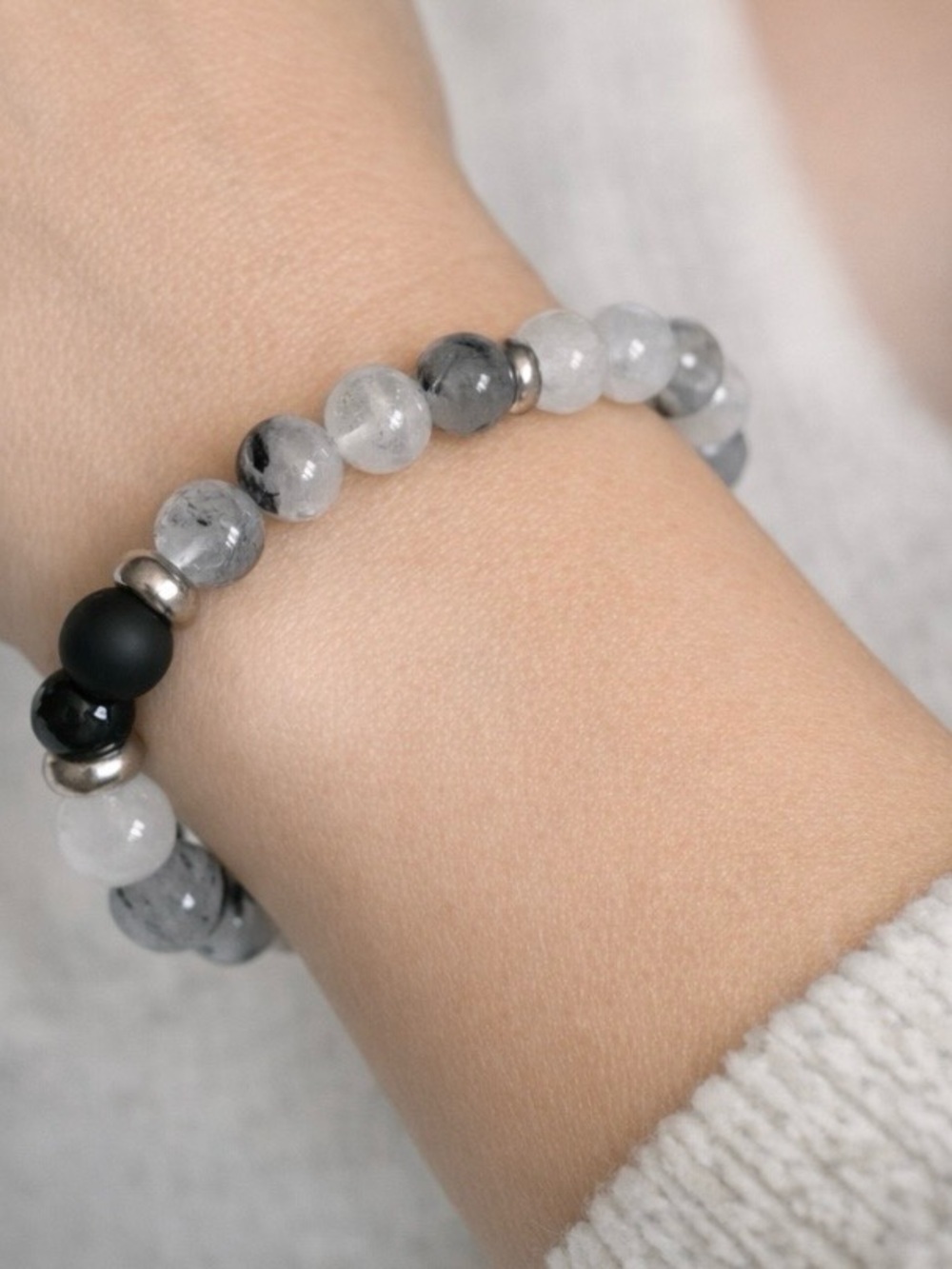 Black White Beaded Stretch Bracelet Silver Tone Minimalist Stackable